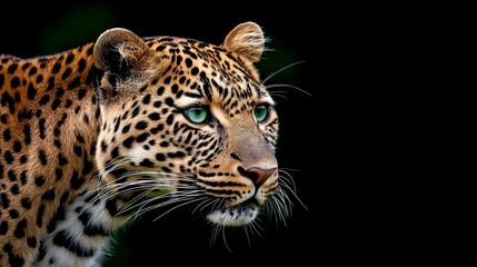 Obraz premium A leopard is staring at the camera with its eyes open. The leopard has a greenish-blue eye and a black nose