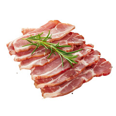 Sliced cured pork meat with rosemary garnish isolated on white background. Perfect for recipes, cooking, and food presentations.