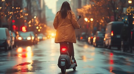 Woman riding electric scooter on city street.