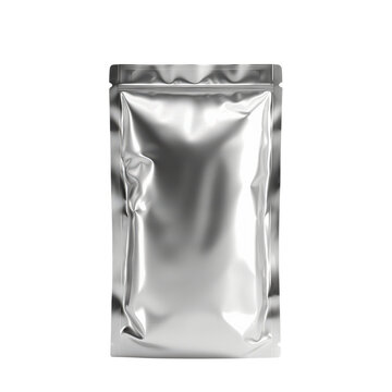 Silver foil pouch standing isolated on white background. Ideal for packaging design presentations and product mockups.