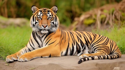 Fototapeta premium A tiger is laying on a rock in a grassy area. The tiger is looking at the camera