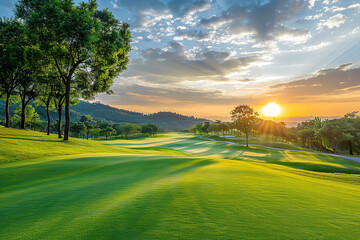 A golf course with a tree in the middle of the field, generative ai image,