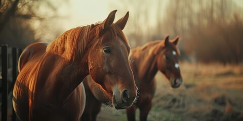 Fototapeta premium Beautiful Images of Brown Horses on a Farm