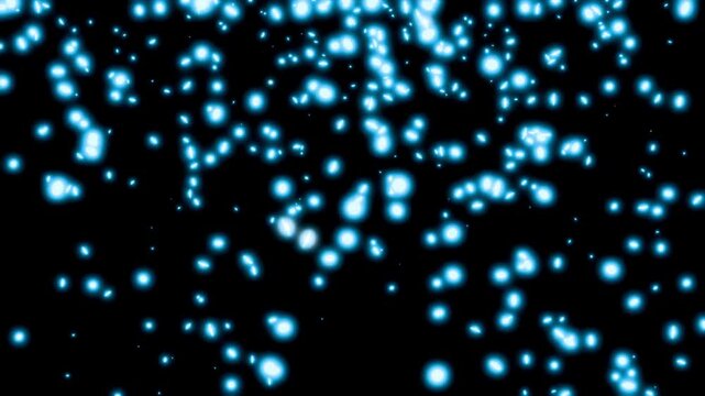 Abstract cyan glowing snowflakes particles fly in random directions on a black background seamless loop 3d render. Glitter bokeh elements backdrop for award ceremony, greeting card or celebration