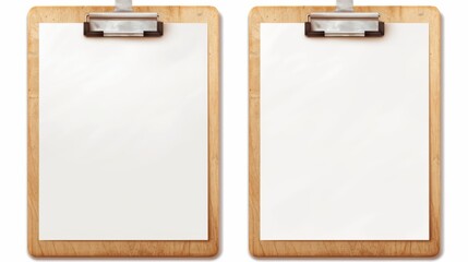 Two Wooden Clipboards with Blank White Paper, Front View and Side View, Isolated on a White Background