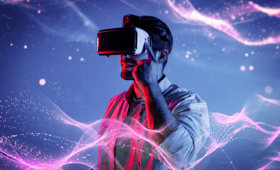 Smart caucasian man wearing VR glasses while standing at neon light. Skilled person using visual reality goggle to connect metaverse or visual world program by using technology innovation. Deviation.