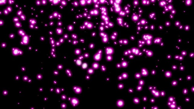 Abstract purple glowing magic particles fly in random directions on a black background seamless loop 3d render. Glitter bokeh elements backdrop for award ceremony, greeting card or celebration