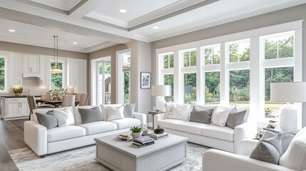 A bright and modern open-concept living room and kitchen featuring neutral tones, minimalist decor, and natural indoor plants.
