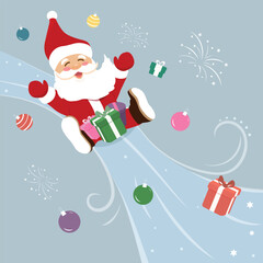 Happy Santa Claus riding downhill surrounded by Christmas balls, fireworks and gifts. Colorful vector illustration with festive mood of Christmas and New Year for post greeting card, web poster, cover