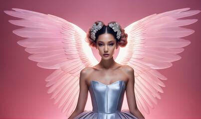 A woman with delicate pink wings stands against a pink background