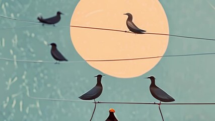 Birds sitting on wires over large moon animation - Powered by Adobe
