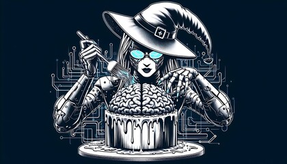 Fototapeta premium Illustration of a witch baking a pie for Halloween, blending spooky magic with festive warmth. The scene captures a playful and cozy Halloween atmosphere.Generative AI