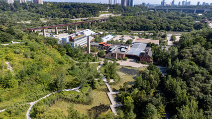 Aerial view of Evergreen Brick Works in the Don Valley. Evergreen Brick Works is a former quarry and industrial site. It is converted into a city park.