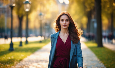 A woman walks down a paved path lined with trees in the fall