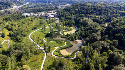 Aerial view of Evergreen Brick Works in the Don Valley. Evergreen Brick Works is a former quarry...