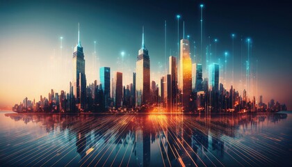 Obraz premium Futuristic city skyline with glowing lines and skyscrapers at night