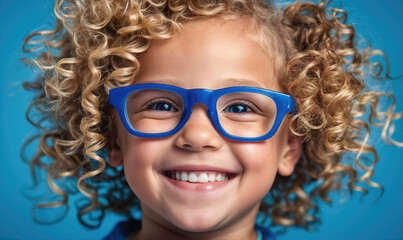 A young girl with curly blonde hair smiles brightly while wearing blue glasses