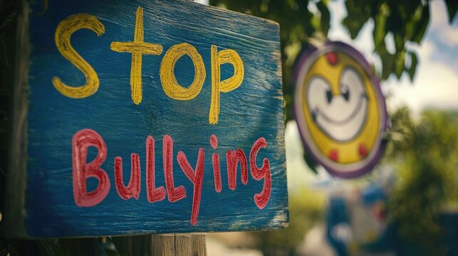 Anti bullying action: text stop bullying, call to end harmful behavior, promote kindness and respect, importance of standing up against intimidation and fostering a safe, supportive environment