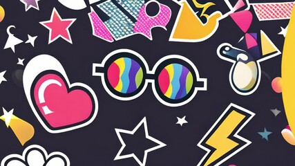Colorful retro-themed stickers, including rainbow sunglasses, hearts, and stars, scattered - Powered by Adobe