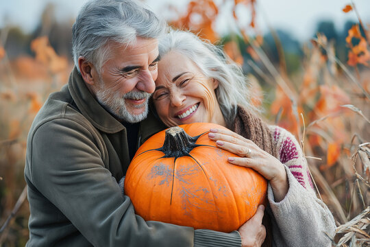 Smiling elderly couple hugging pumpkin in fall field. Concept of love, togetherness, and seasonal harvest.