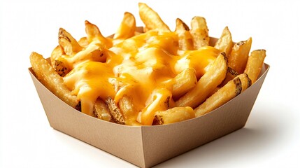 French fries topped with melted cheese in cardboard container