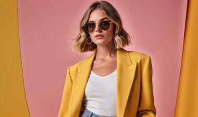 Fototapeta premium A woman with short blonde hair wears sunglasses and a yellow blazer against a pink and yellow background