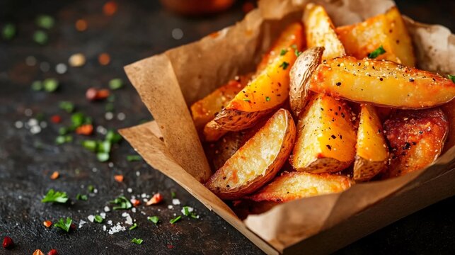 Delicious potato wedges being served in a paper box