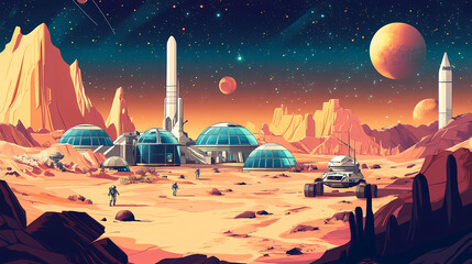 Futuristic vector illustration of a space colony on mars, with domed habitats, rovers, and astronauts exploring the landscape. Space Colony. Illustration