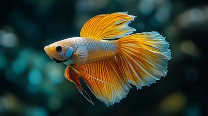 A vibrant yellow and white Siamese fighting fish with long, flowing fins swims against a dark green background.
