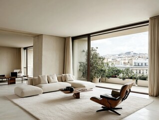 Fototapeta premium A large living room with a white couch and a black chair. The room has a modern and minimalist design