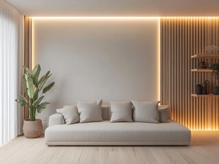 A living room with a white couch and a potted plant. The couch is covered in pillows and the room has a modern, minimalist design