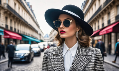 A woman wearing a black hat, sunglasses, and a black-and-white checkered coat walks down a Parisian street