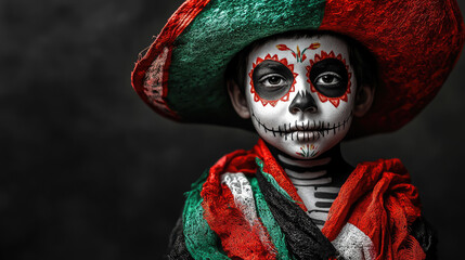 illustration of little boy with skeleton makeup wearing mexican hat with red white green flag on black background, day of the dead, halloween, mexico, festival, carnival, holiday, celebration, child