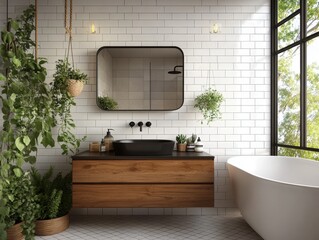 A bathroom with a black sink and a white bathtub. The sink is surrounded by plants and the bathtub is next to a window