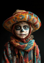 illustration of little boy with skeleton makeup wearing mexican hat with red white green flag on black background, day of the dead, halloween, mexico, festival, carnival, holiday, celebration, child