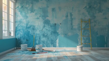 A Room with Blue Walls and Paint Supplies During Renovation