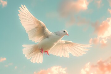 Obraz premium A white bird elegantly glides across a serene blue sky adorned with soft, pastel clouds at dusk.