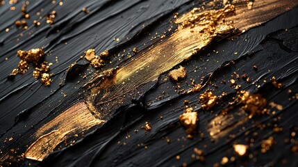 Naklejka premium A striking blend of black acrylic paint and shimmering gold accents creates a bold, textured abstract composition.