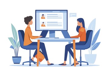 Two professionals conduct a remote job interview, focusing on resumes displayed on the computer screen.