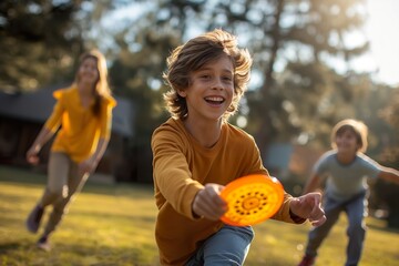 Fototapeta premium Children play frisbee joyfully in a sunlit park, capturing smiles and laughter during a vibrant afternoon gathering