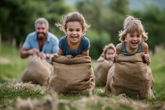 Joyful children and adults engage in a lively sack race competition on a sunny day outdoors in a green field