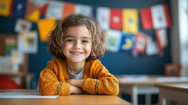 Child sitting at desk in spanish class in language school, flags of different countries on wall, multiculturalism, hispanic heritage, schoolchild, kid, education, foreign language, study, knowledge
