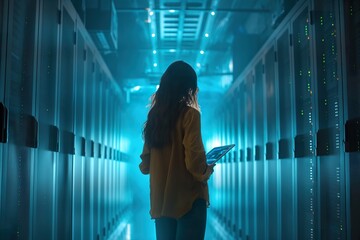 An IT specialist analyzes data on a tablet in a high-tech server room illuminated by soft blue lights