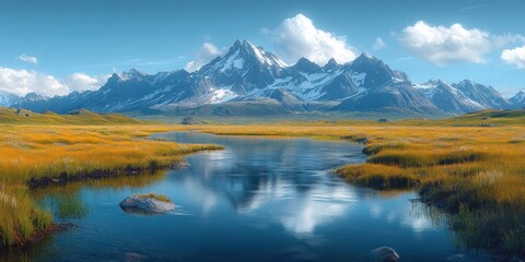 Fototapeta premium A Serene Stream Winding Through a Grassy Valley with Majestic Snow-Capped Mountains in the Background