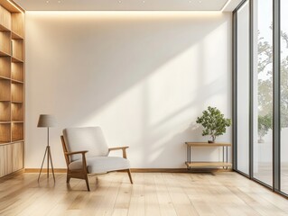 Fototapeta premium A white room with a chair and a potted plant. The room is empty and has a minimalist feel