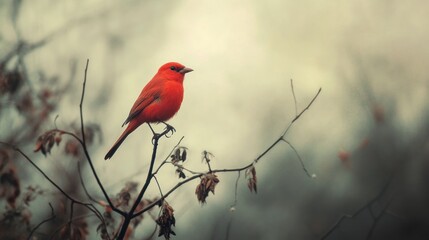 A Red Bird Perched on a Branch
