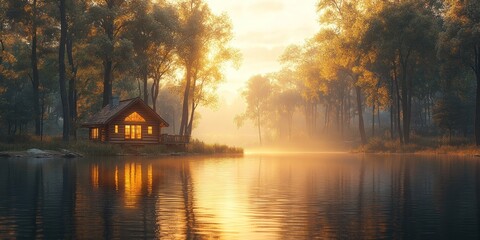 Fototapeta premium A Cabin by the Lake in a Golden Hour Forest