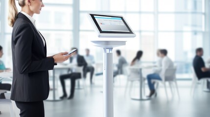A businesswoman in a suit uses her phone while standing near a digital display in a modern office setting.