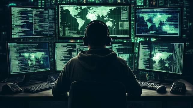 cyber security hacker with many computer with data,technology