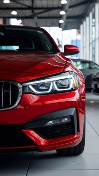 Close-up of red car headlights in a showroom